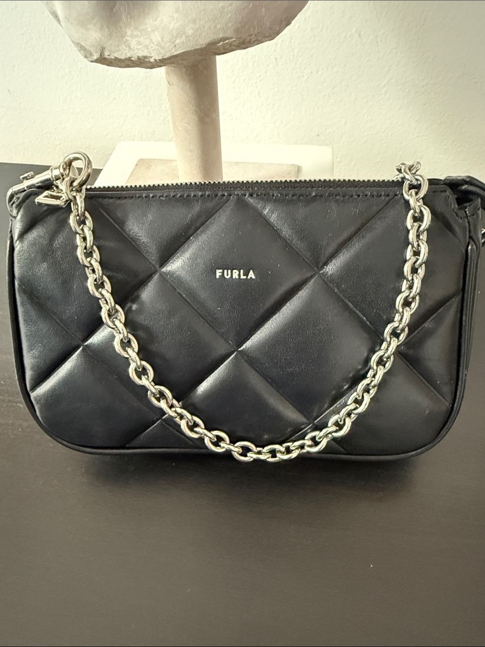 Furla Quilted Mini Black Leather Crossbody with Silver Chain